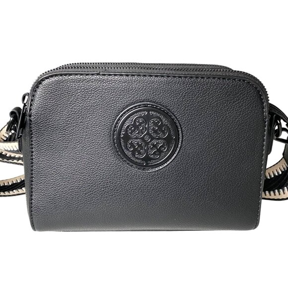 Small Black Leather Effect Crossbody Bag with Emblem & Wide Strap Neutral Travel - Picture 2 of 16